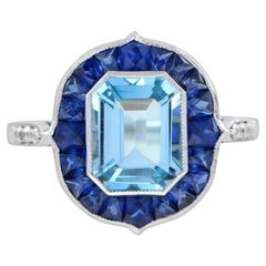 Emerald Cut Blue Topaz & Sapphire Halo Diamond Engagement 14K White Gold Ring