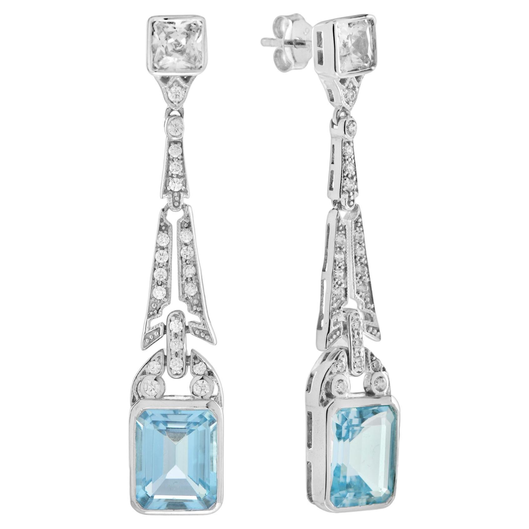 Emerald Cut Blue Topaz with Diamond Solitaire Drop Earrings in 14K White Gold For Sale