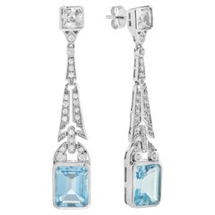 Emerald Cut Blue Topaz with Diamond Solitaire Drop Earrings in 14K White Gold