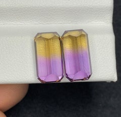 Emerald Cut Bolivian Ametrine Gemstone Pair: 11.30 CT, Royal Purple/Mango Yellow