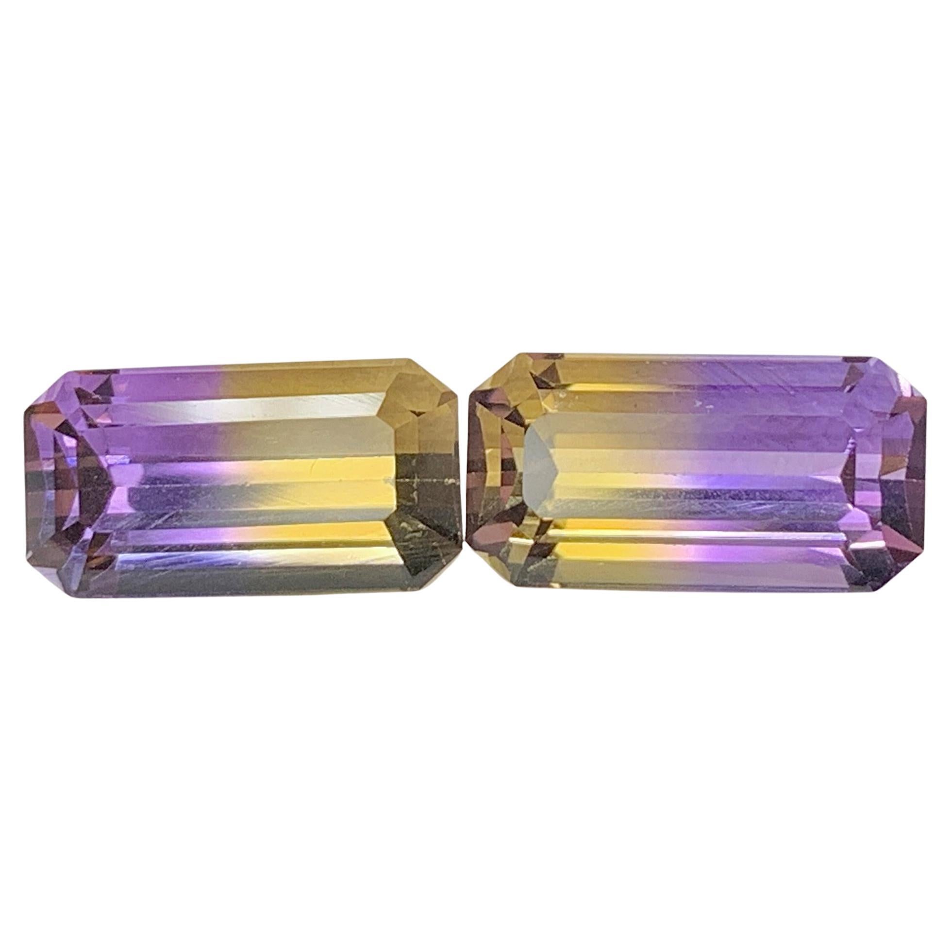 Emerald Cut Bolivian Ametrine Gemstone Pair: 11.30 CT, Royal Purple/Mango Yellow