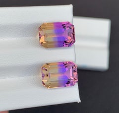 Emerald Cut Bolivian Ametrine Gemstone Pair: 11.90 CT, Royal Purple/Mango Yellow
