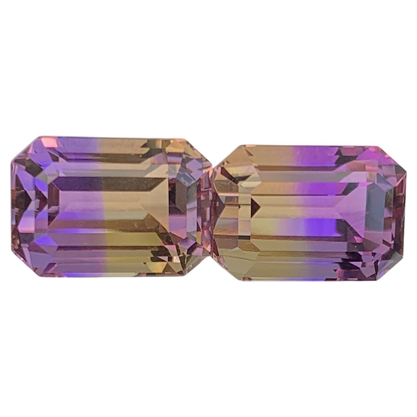 Emerald Cut Bolivian Ametrine Gemstone Pair: 11.90 CT, Royal Purple/Mango Yellow For Sale