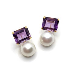 Pendientes de amatista brasileña talla esmeralda y perla de agua dulce