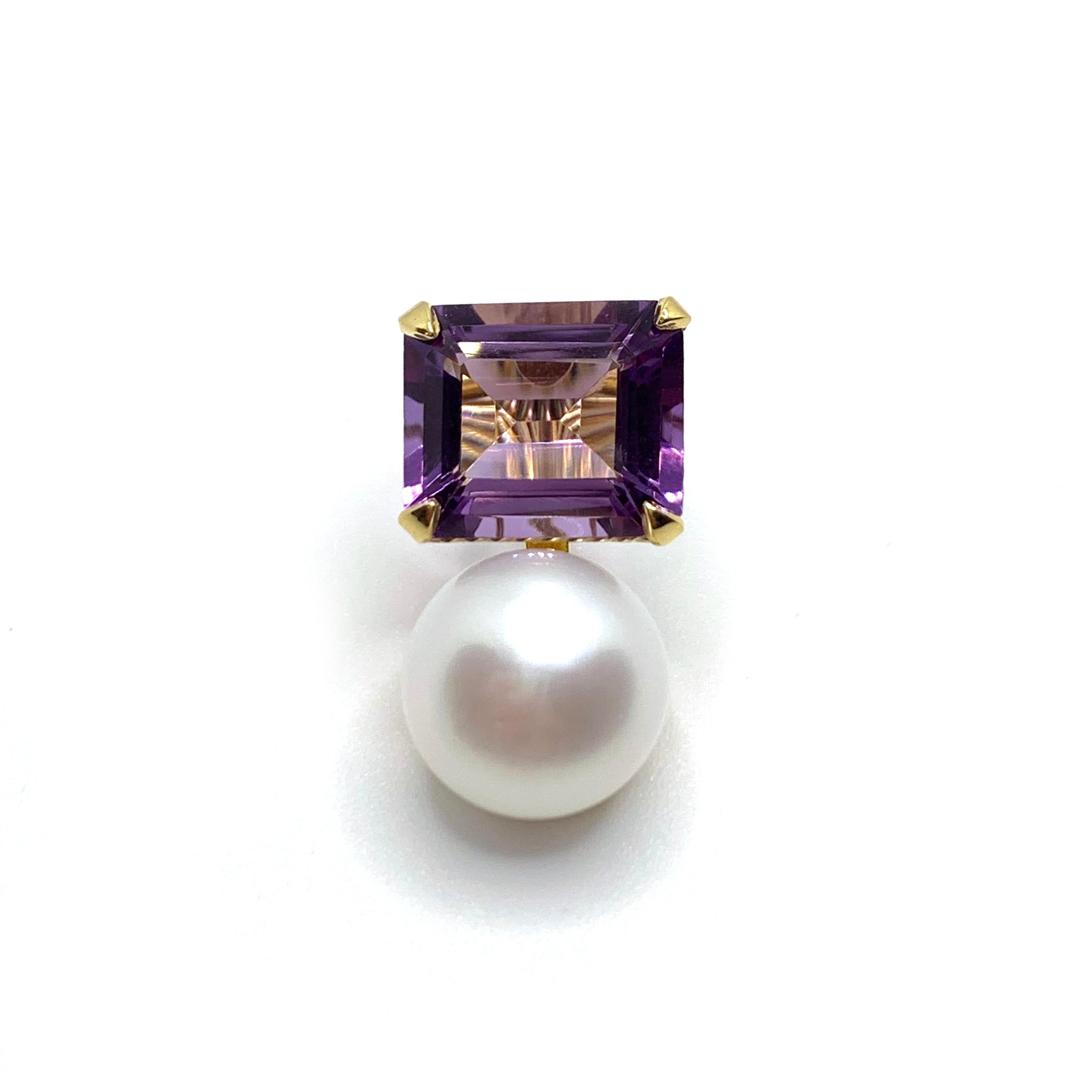 Contemporary Emerald-cut Brazilian Amethyst and Freshwater Pearl Earrings For Sale