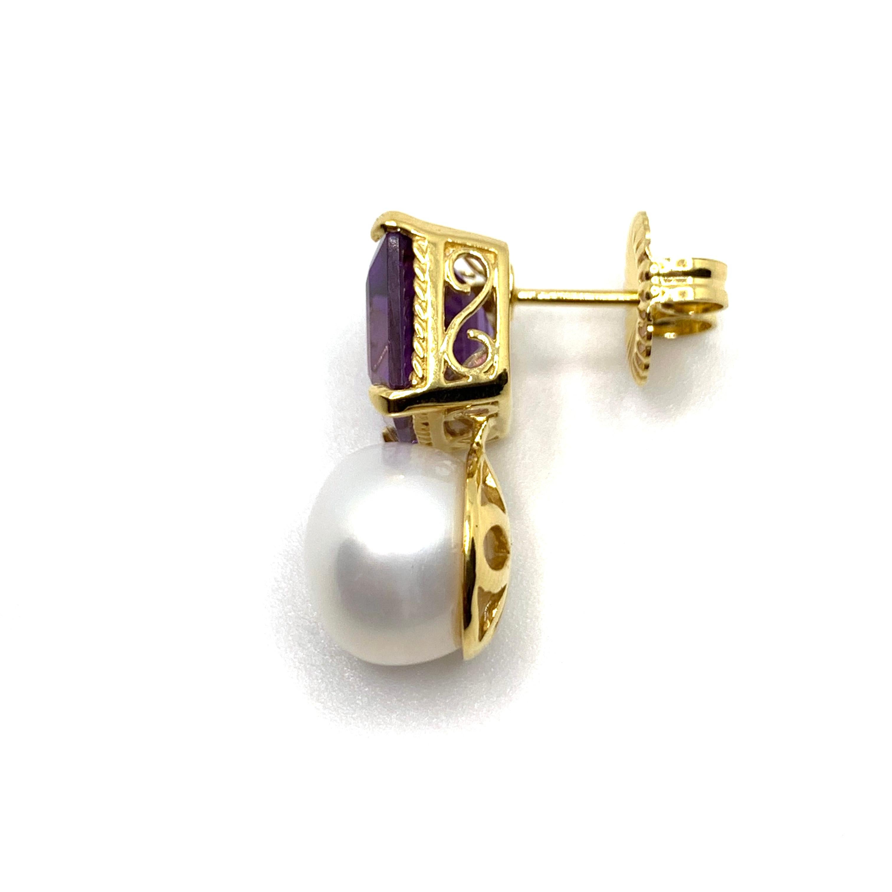 Ohrringe aus brasilianischem Amethyst und Süßwasserperlen im Smaragdschliff im Zustand „Neu“ im Angebot in Los Angeles, CA