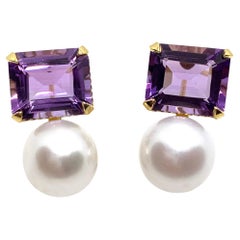 Used Emerald-cut Brazilian Amethyst and Freshwater Pearl Earrings