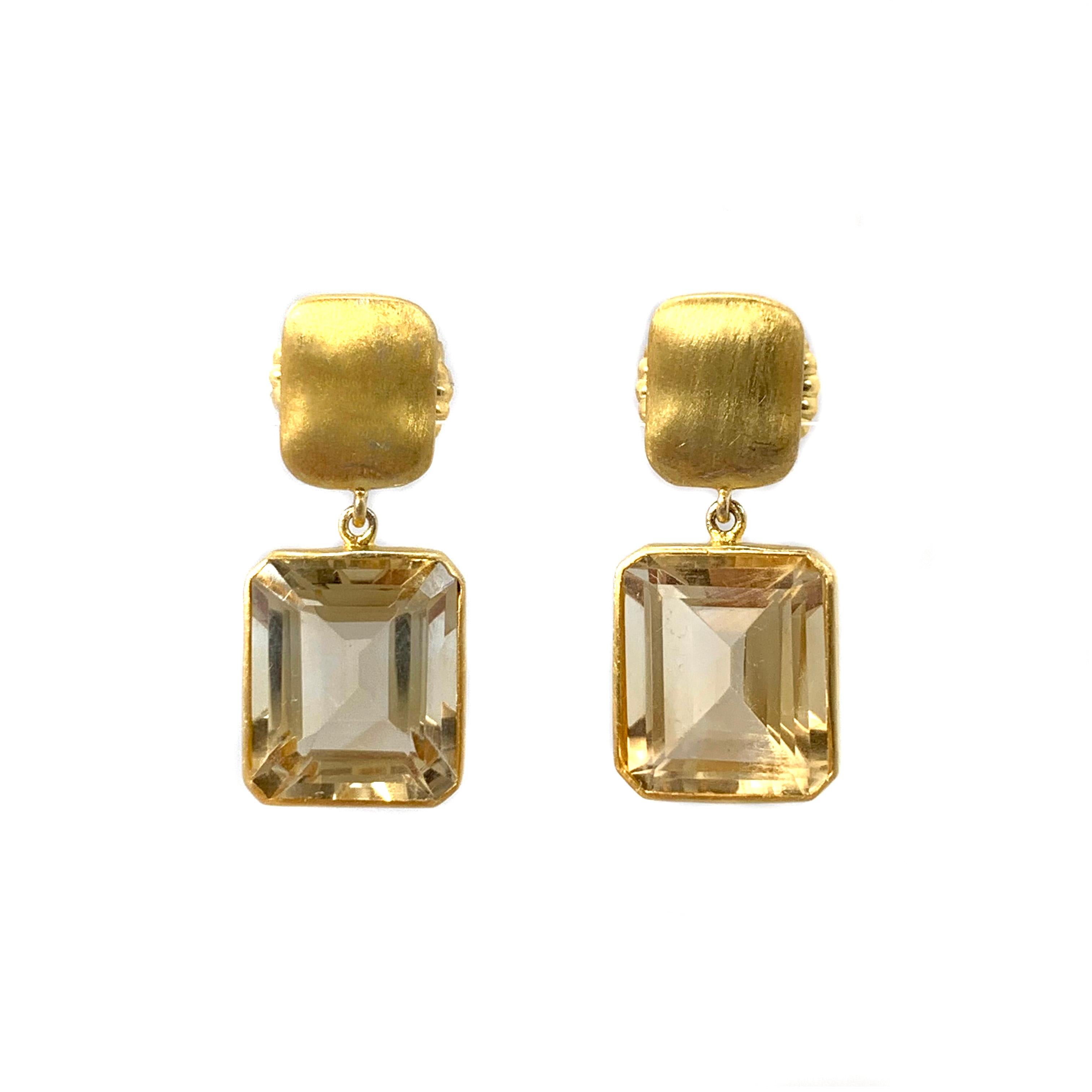 Bijoux Num Emerald-Cut Brazilian Citrine Drop Earrings

The earrings feature a pair of beautiful emerald-cut Brazilian citrine, handset in 18k yellow gold vermeil over sterling silver, straight post back with large friction backs.  Top part is a