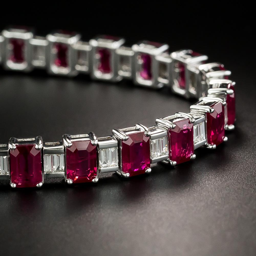 Modern Emerald-Cut Burmese Ruby and Baguette Diamond Line Bracelet, GIA For Sale