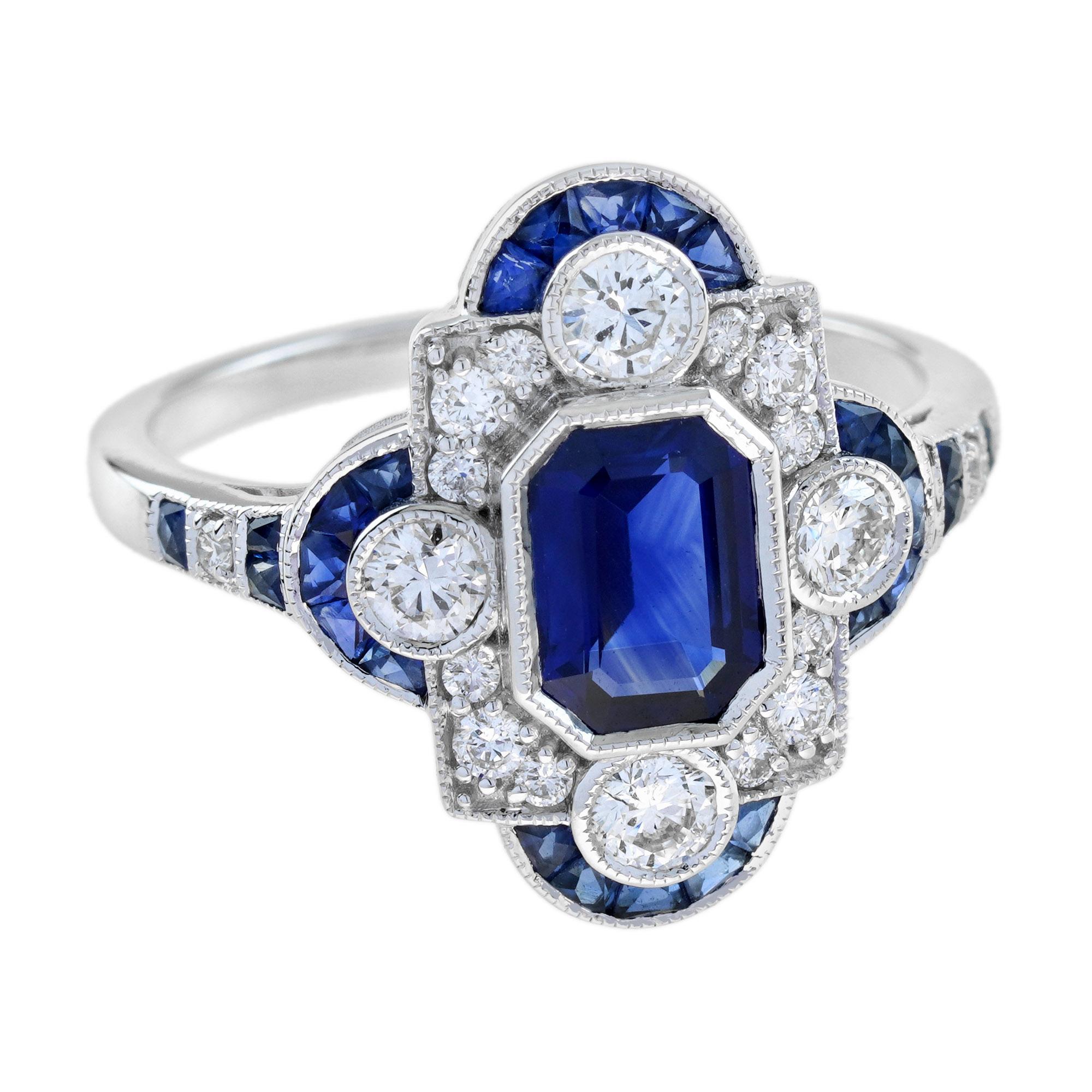 Emerald Cut Ceylon Sapphire and Diamond Art Deco Style Halo Ring in 18K Gold 2