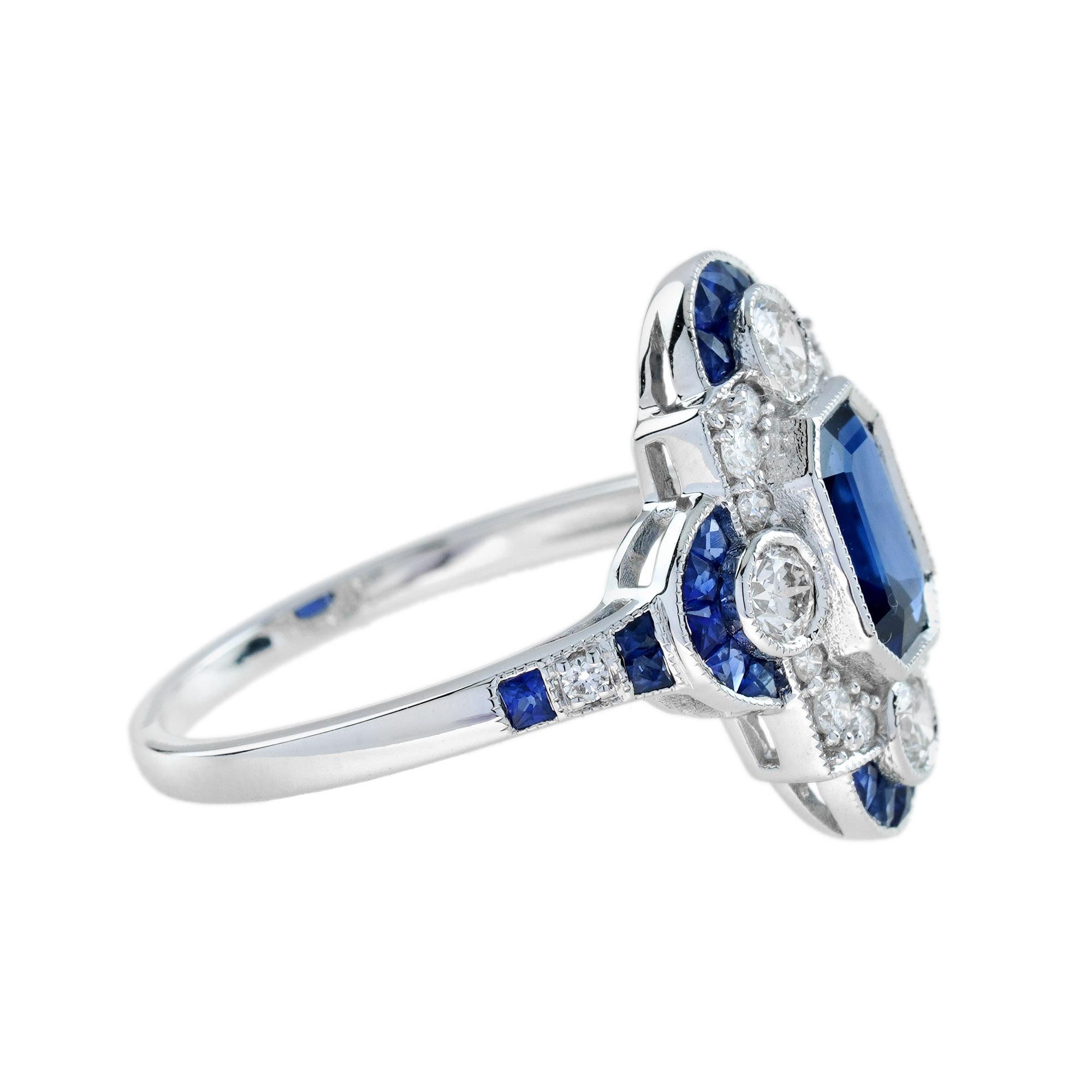 Emerald Cut Ceylon Sapphire and Diamond Art Deco Style Halo Ring in 18K Gold 3