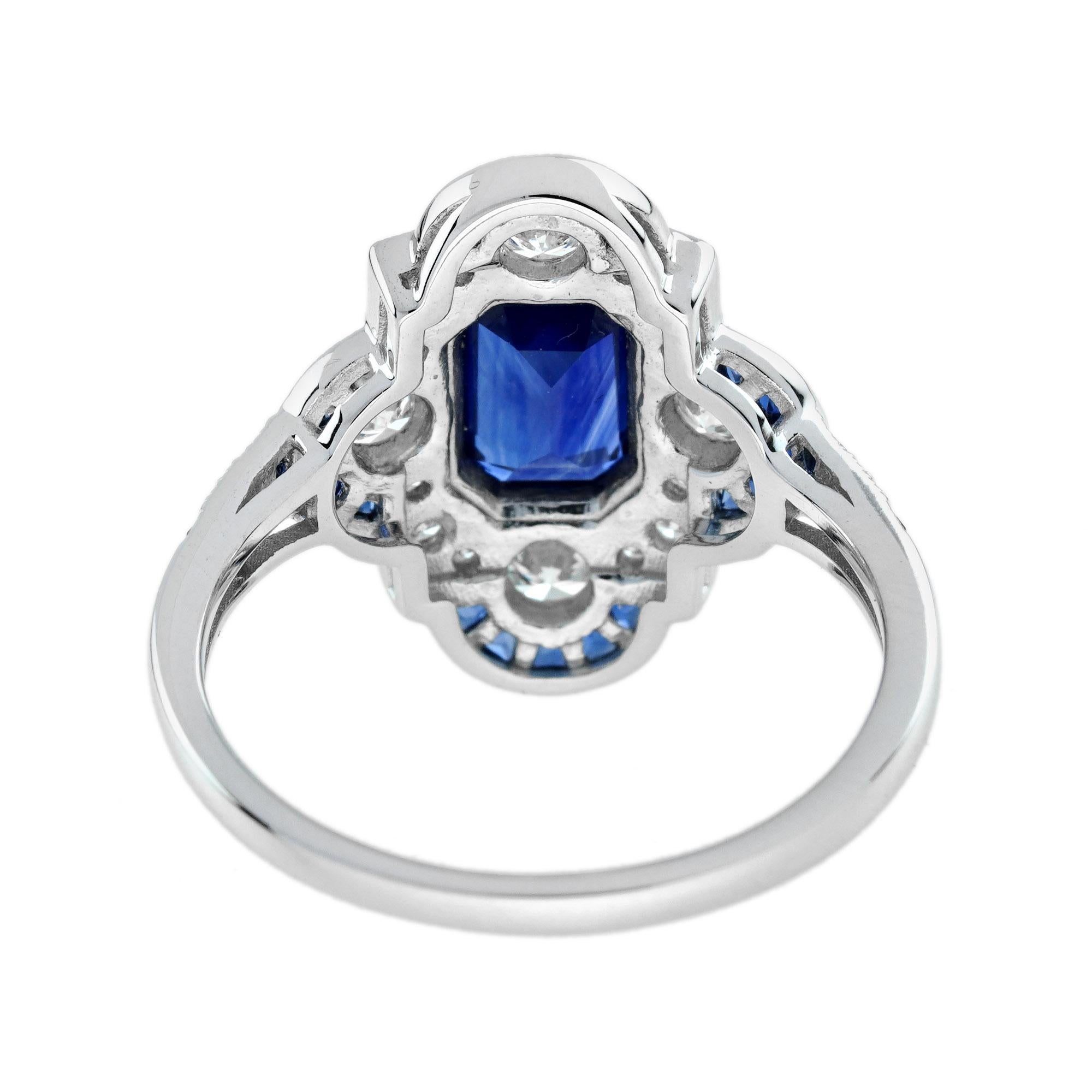 Emerald Cut Ceylon Sapphire and Diamond Art Deco Style Halo Ring in 18K Gold 4