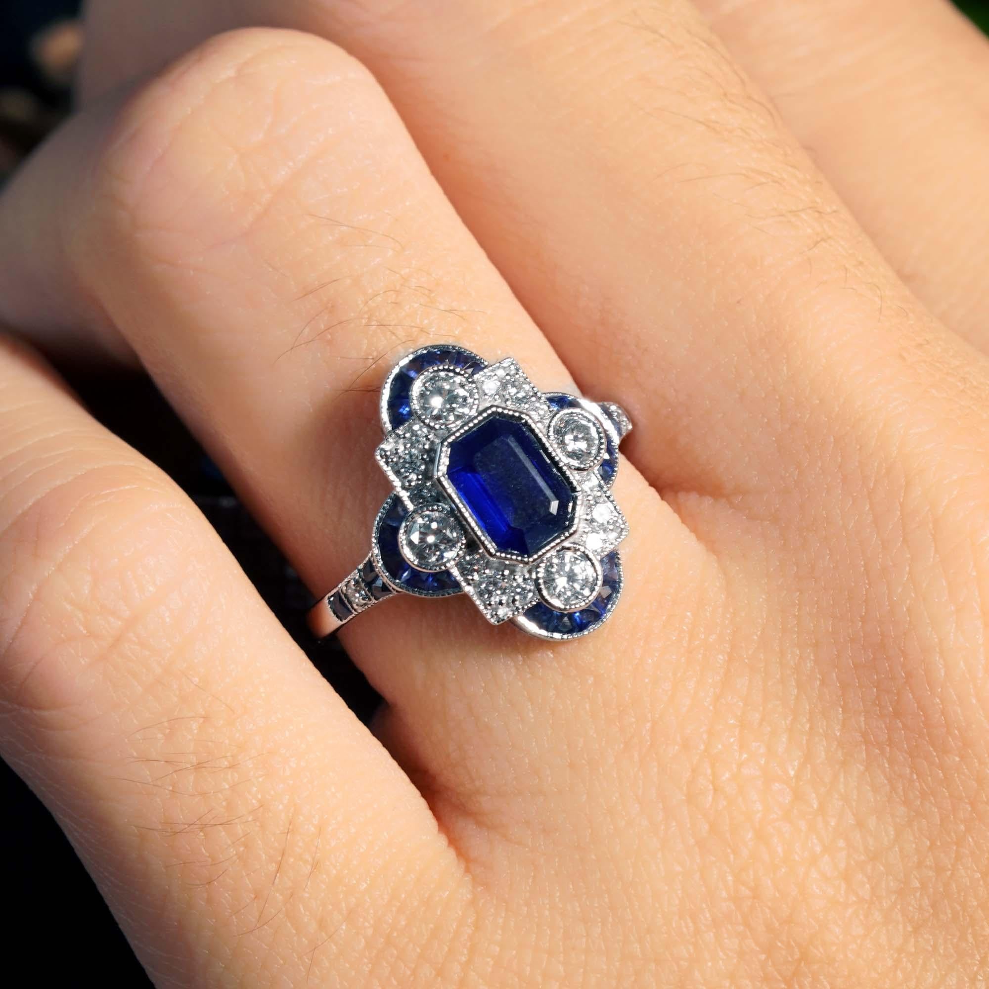 Emerald Cut Ceylon Sapphire and Diamond Art Deco Style Halo Ring in 18K Gold 1