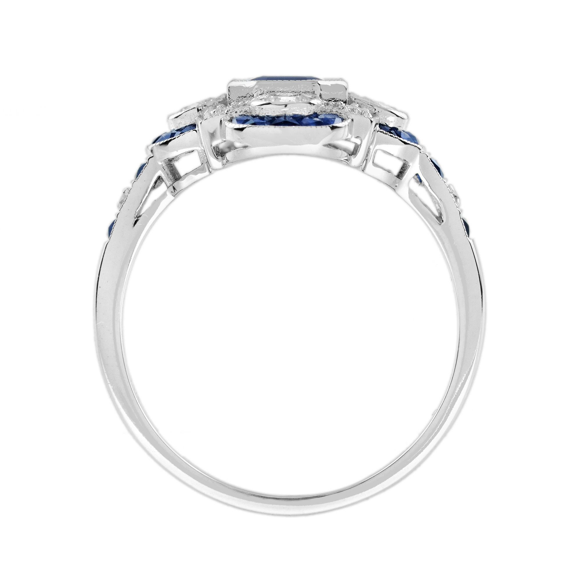 Emerald Cut Ceylon Sapphire and Diamond Art Deco Style Halo Ring in 18K Gold 5