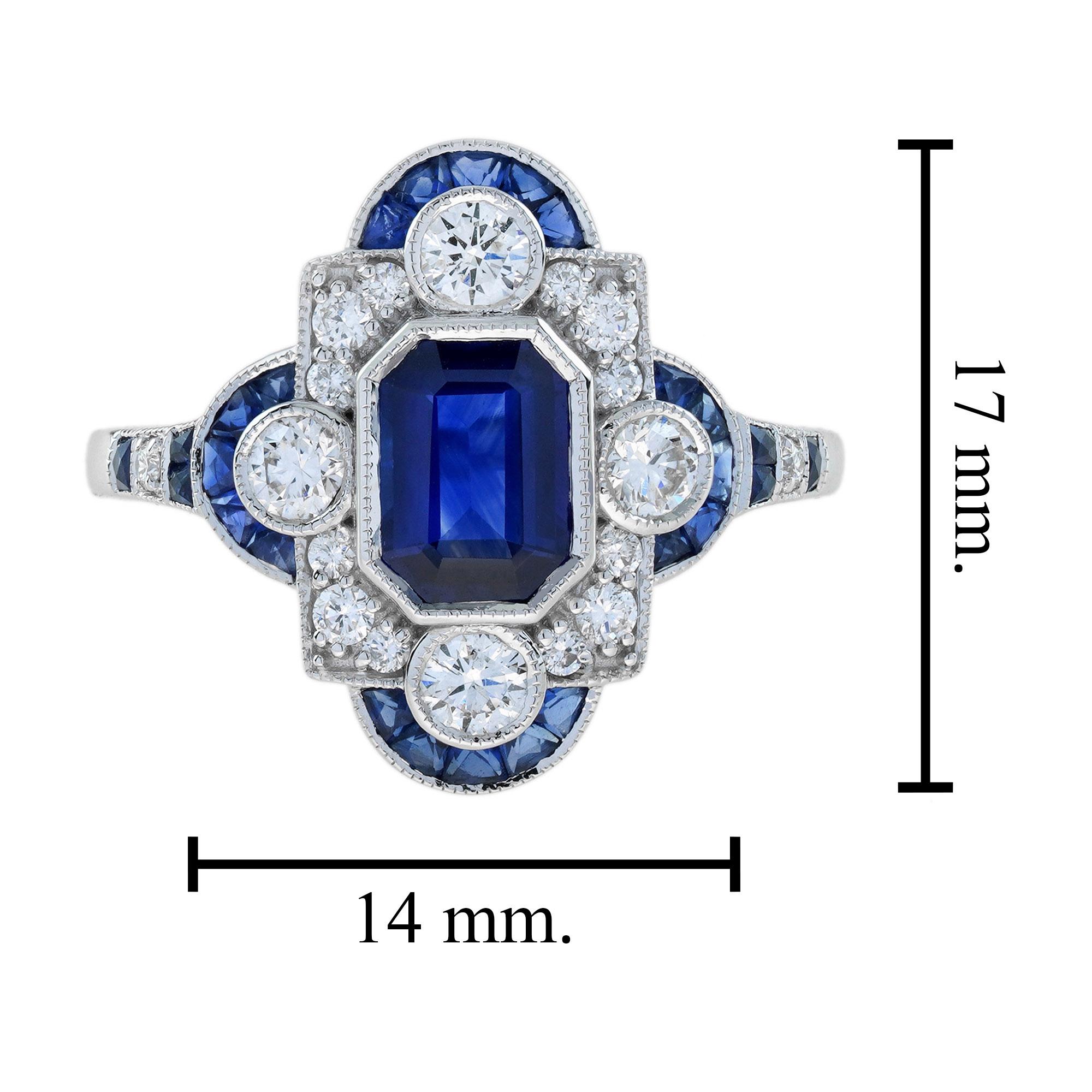 Emerald Cut Ceylon Sapphire and Diamond Art Deco Style Halo Ring in 18K Gold 6