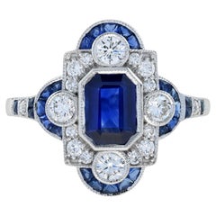 Emerald Cut Ceylon Sapphire and Diamond Art Deco Style Halo Ring in 18K Gold