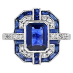 Emerald Cut Ceylon Sapphire and Diamond Engagement Ring in 18K White Gold