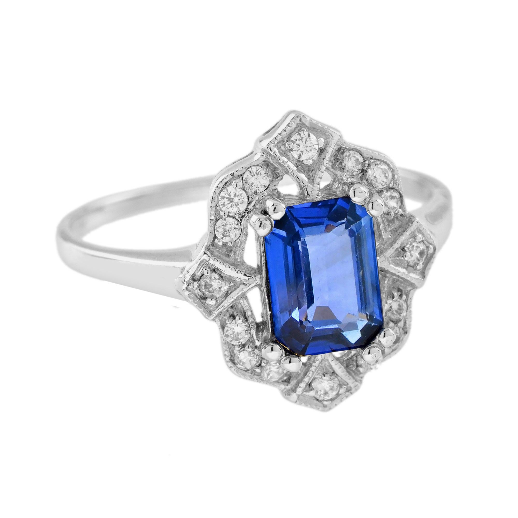 For Sale:  Emerald Cut Ceylon Sapphire and Diamond Halo Ring in 18K White Gold 3