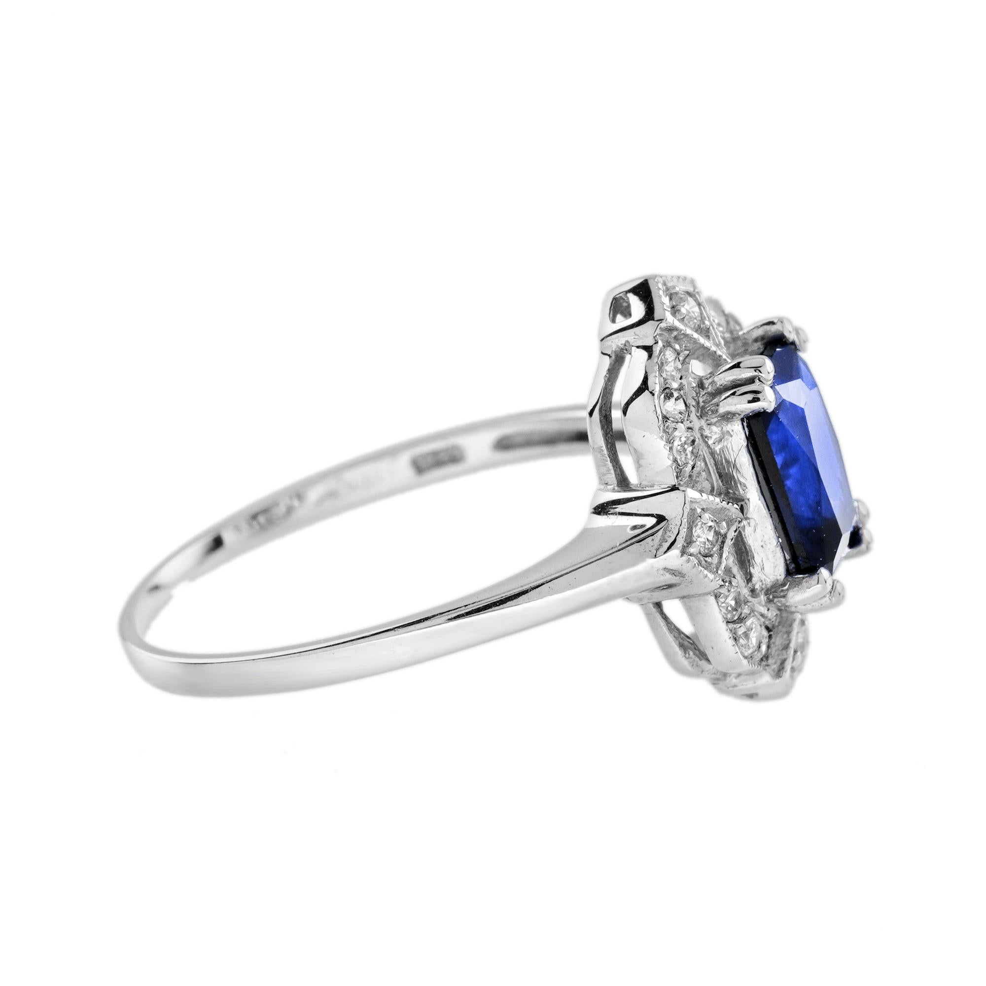 For Sale:  Emerald Cut Ceylon Sapphire and Diamond Halo Ring in 18K White Gold 4