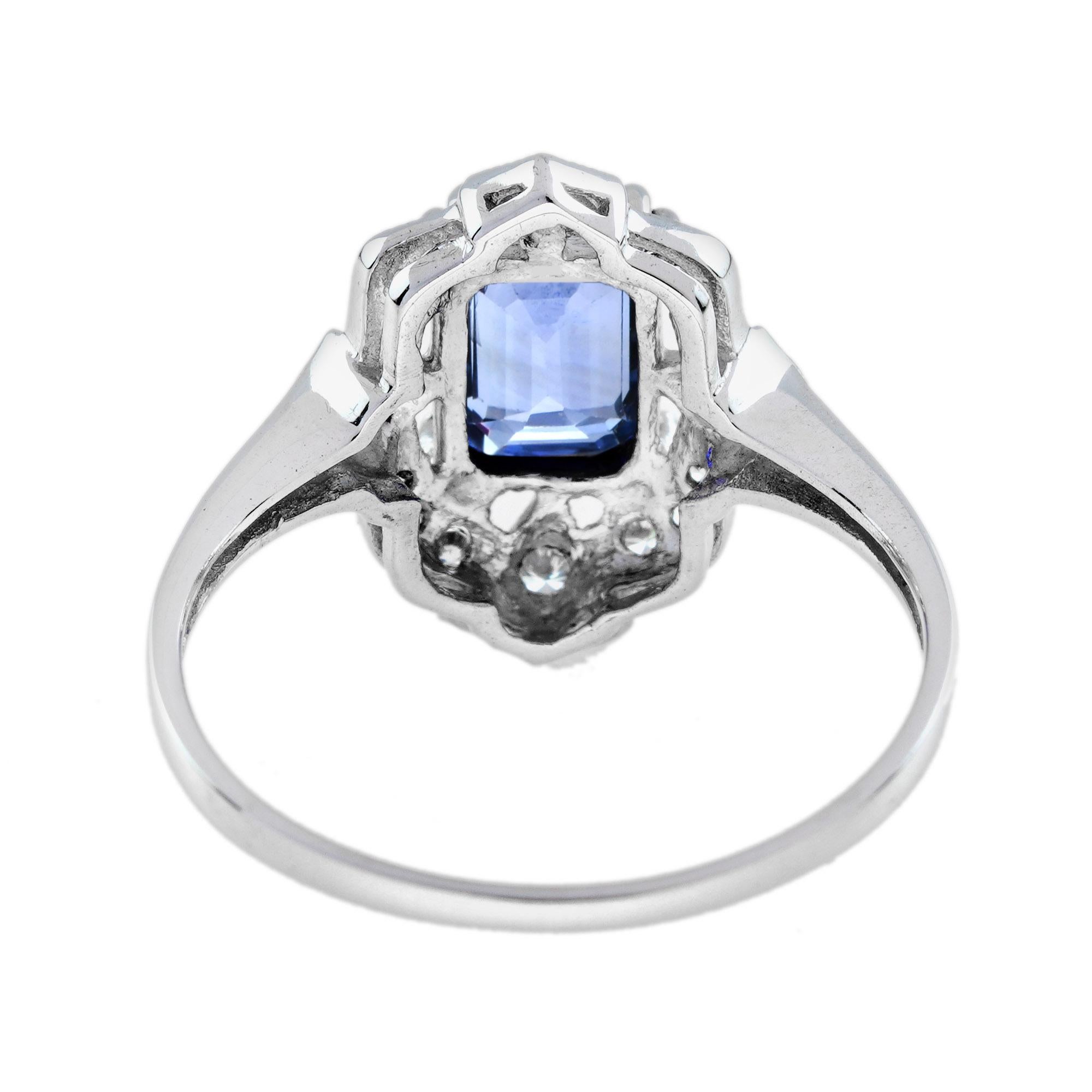 For Sale:  Emerald Cut Ceylon Sapphire and Diamond Halo Ring in 18K White Gold 5