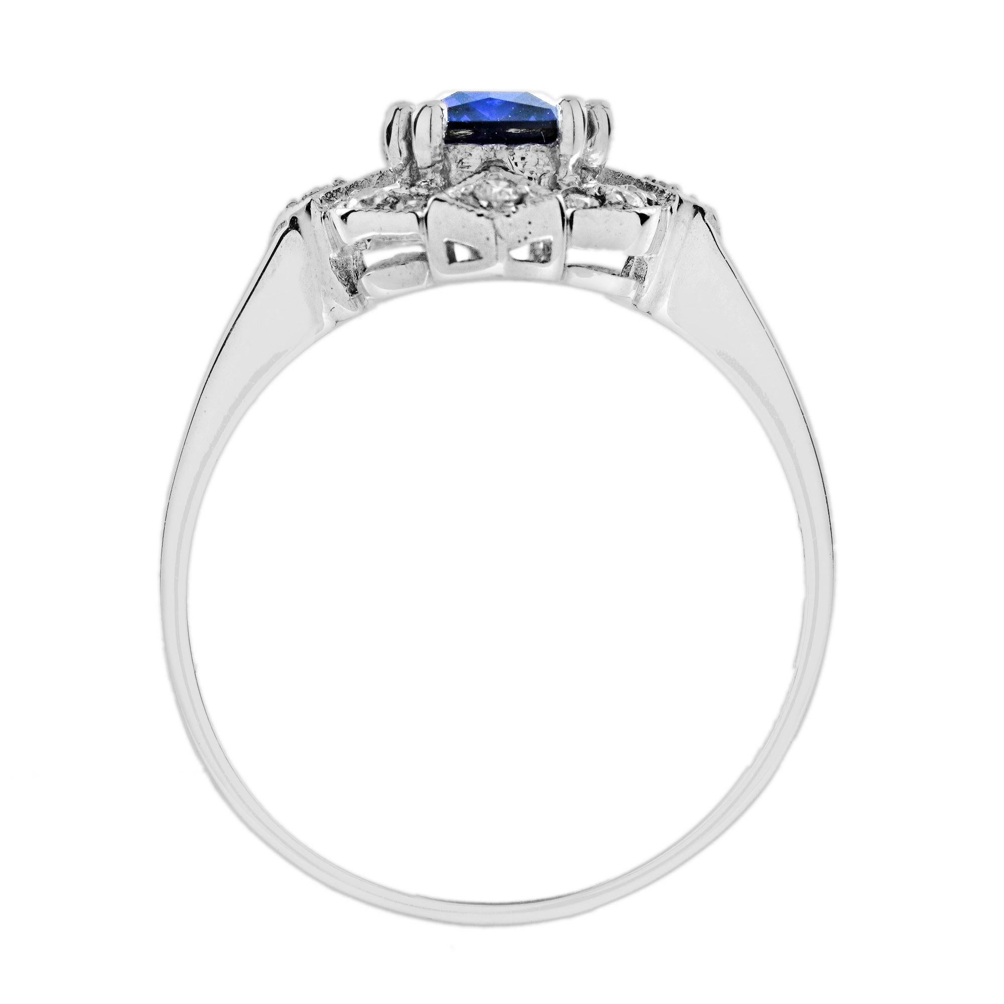 For Sale:  Emerald Cut Ceylon Sapphire and Diamond Halo Ring in 18K White Gold 6