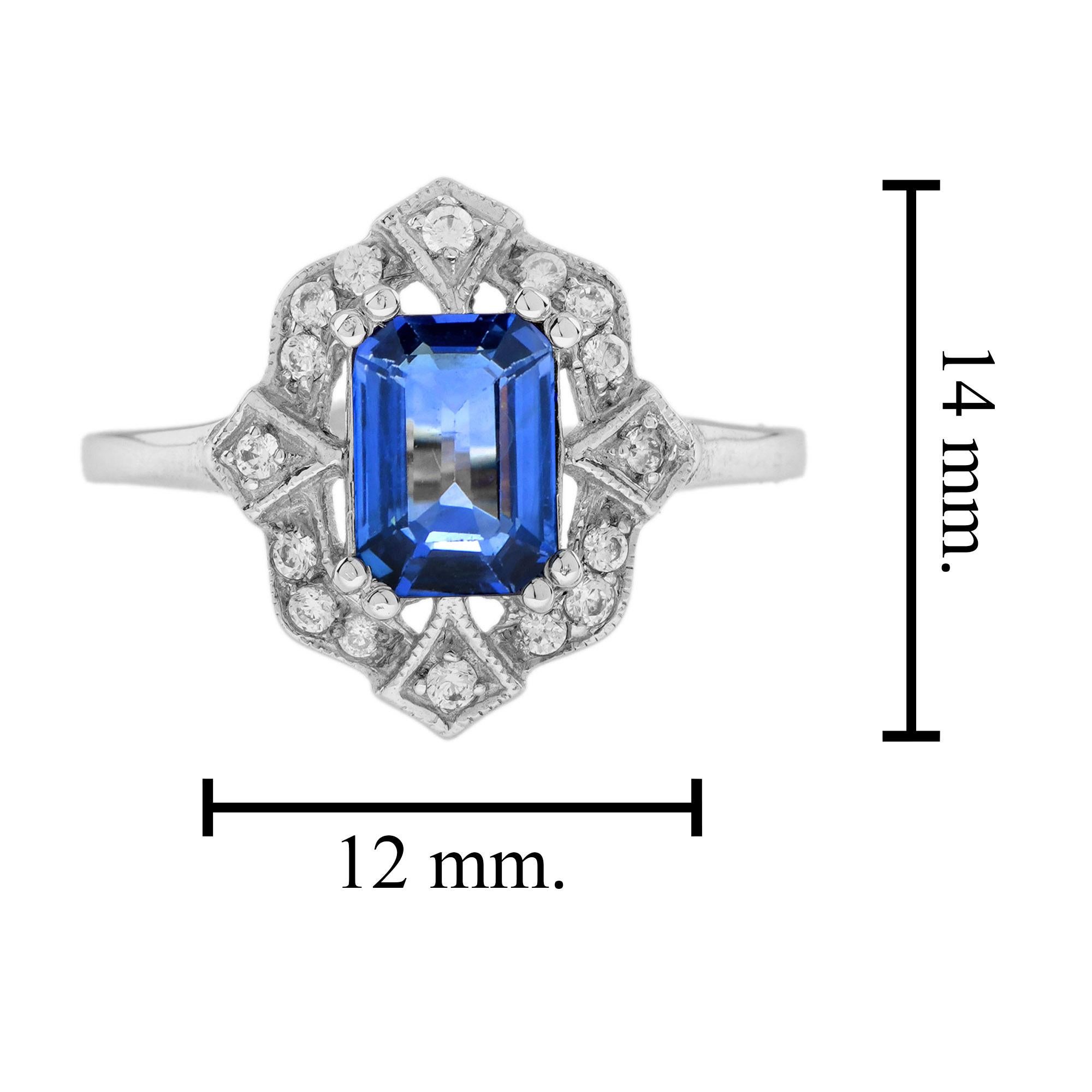 For Sale:  Emerald Cut Ceylon Sapphire and Diamond Halo Ring in 18K White Gold 7