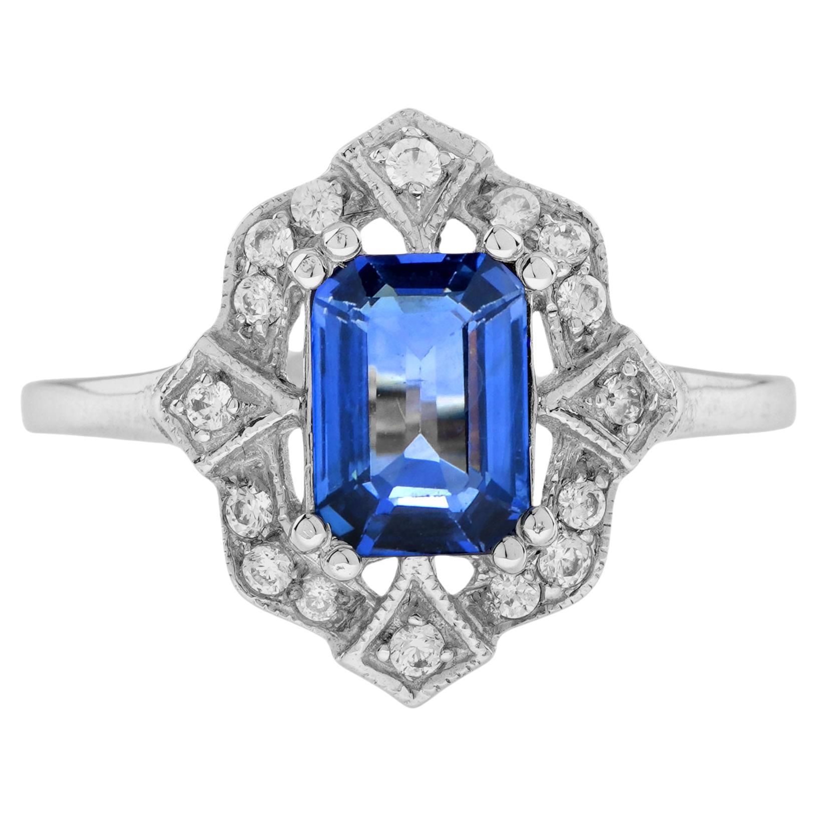 Emerald Cut Ceylon Sapphire and Diamond Halo Ring in 18K White Gold