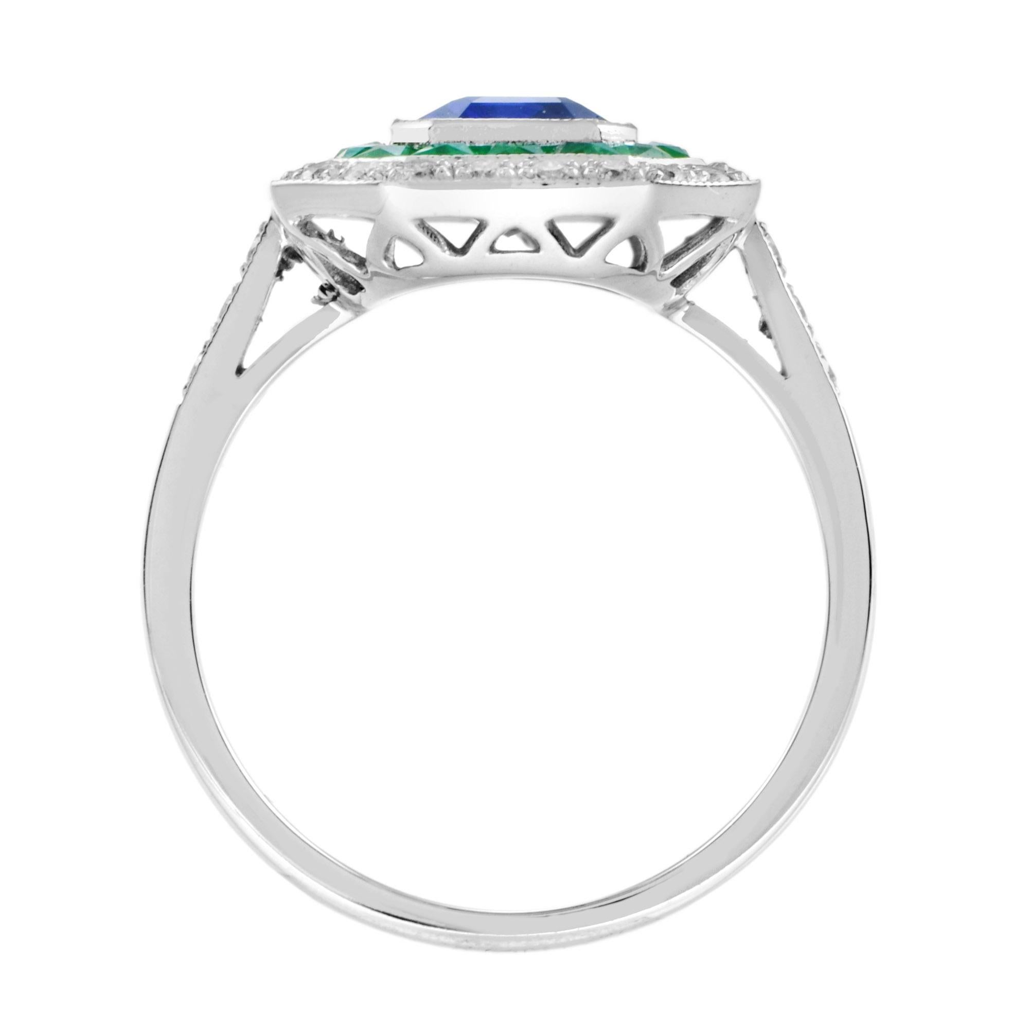 Ring aus 18 Karat Weißgold mit Ceylon-Saphir im Smaragdschliff mit Smaragd und Diamant Damen