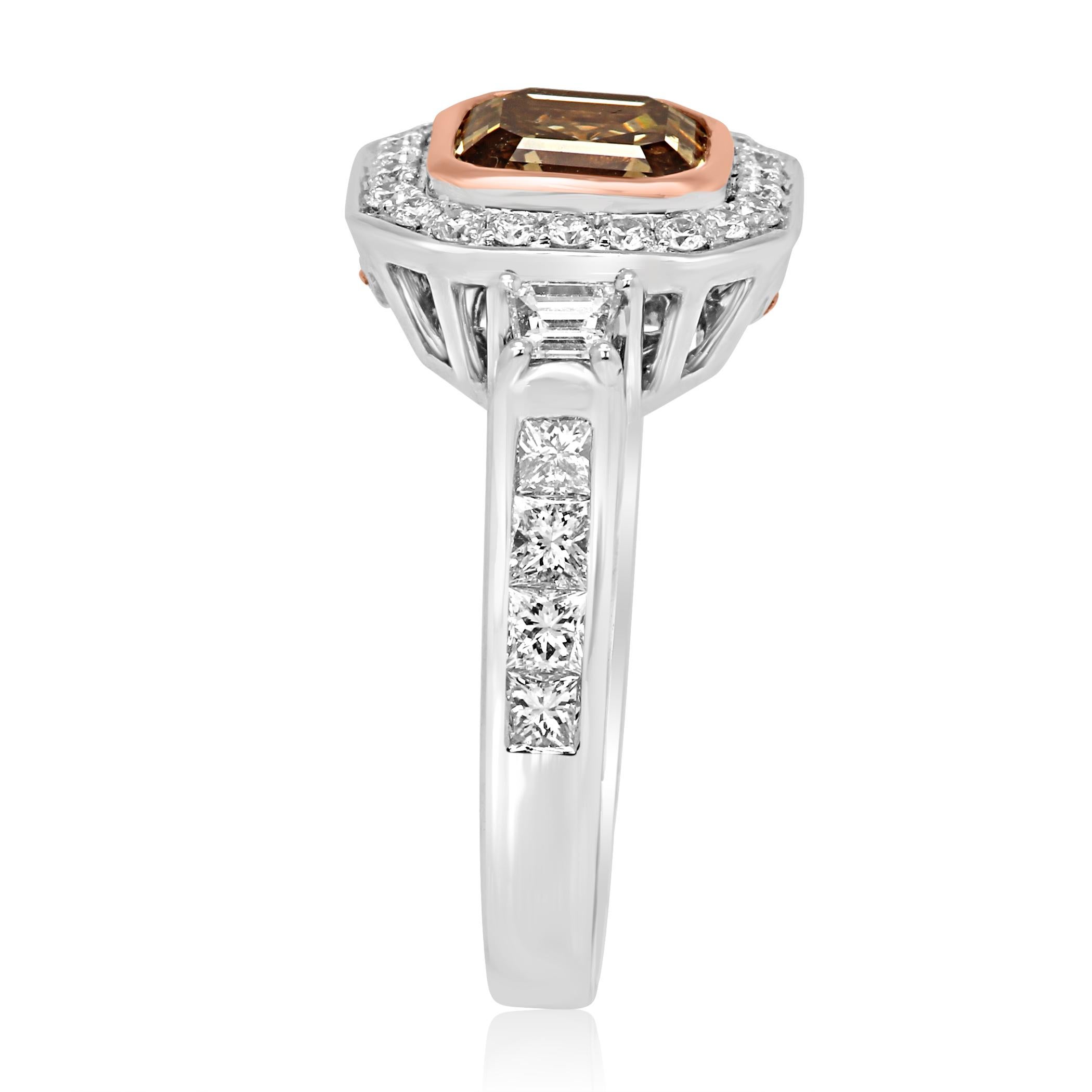 Contemporary Square Emerald Cut Champagne Diamond Halo Three-Stone Two Color Gold Bridal Ring