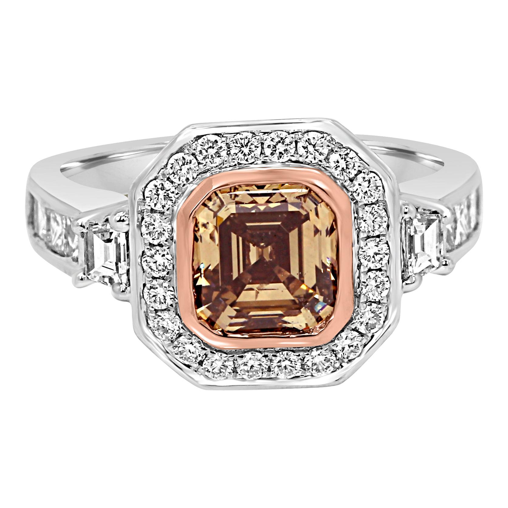 Square Emerald Cut Champagne Diamond Halo Three-Stone Two Color Gold Bridal Ring