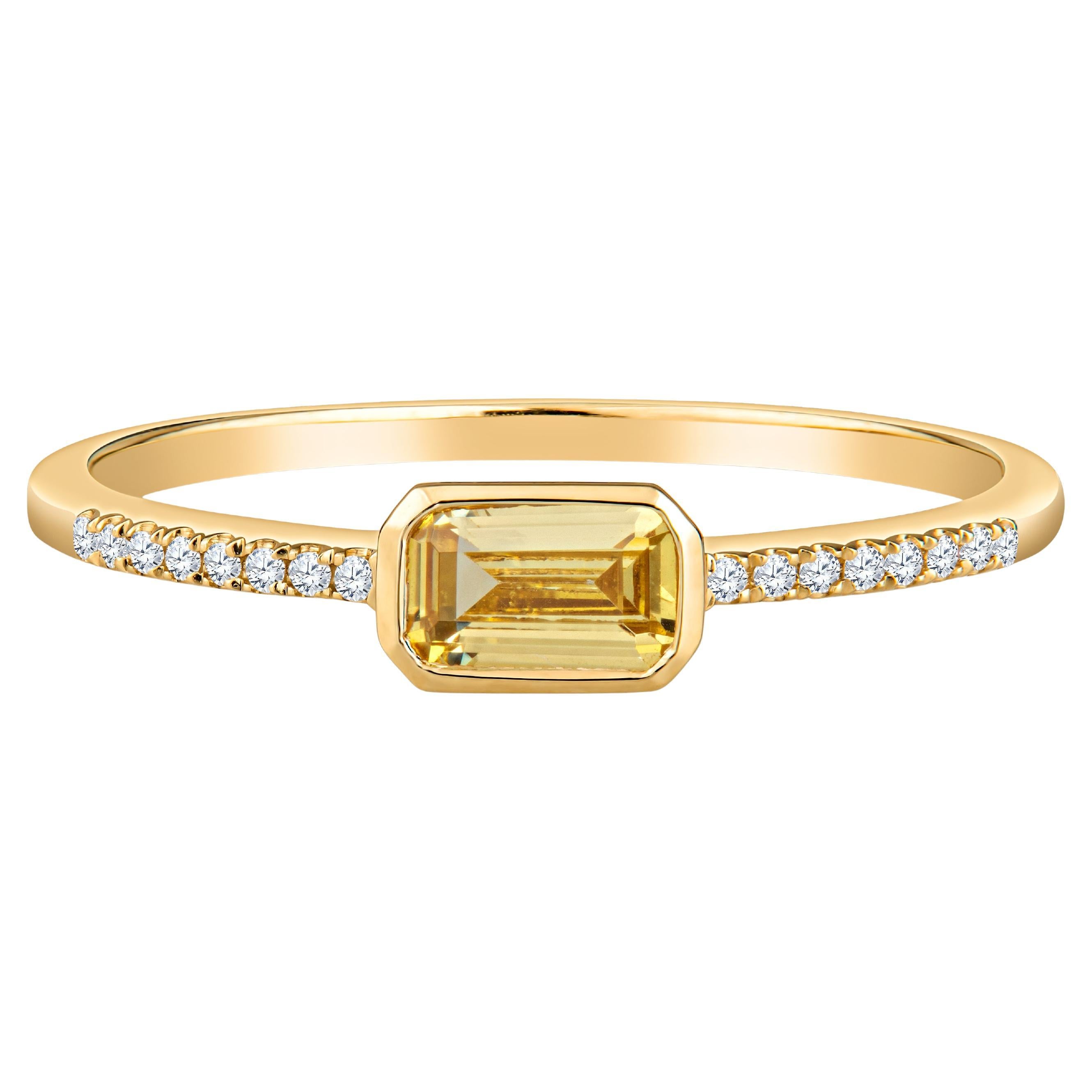 Emerald Cut Citrine and Diamond 14 Karat Yellow Gold Fashion Ring  For Sale