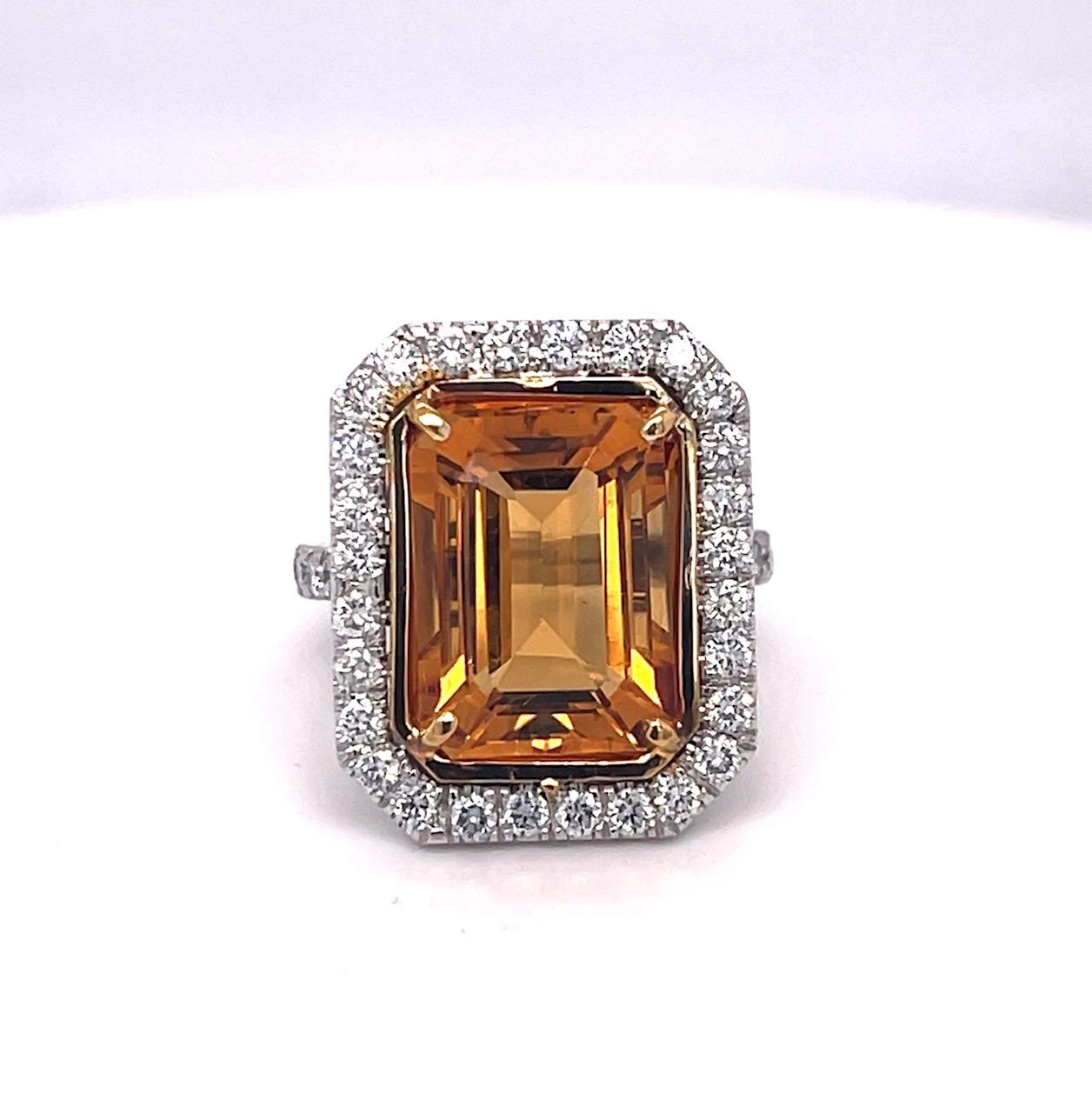 Emerald Cut Citrine and Diamond 7.71 Carats Ring, Platinum / 18KYG For Sale 1