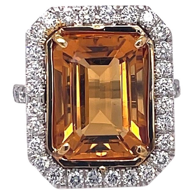 Emerald Cut Citrine and Diamond 7.71 Carats Ring, Platinum / 18KYG For Sale