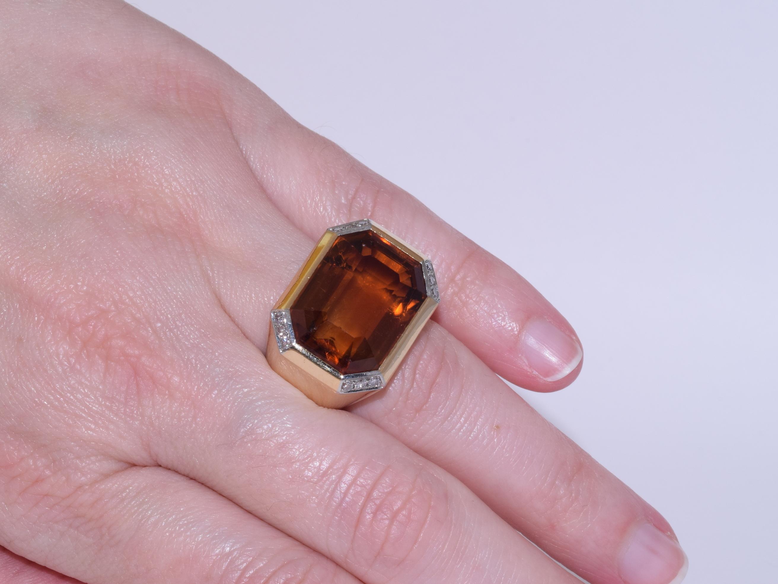 Emerald Cut Citrine and Diamond Cocktail Ring For Sale 1