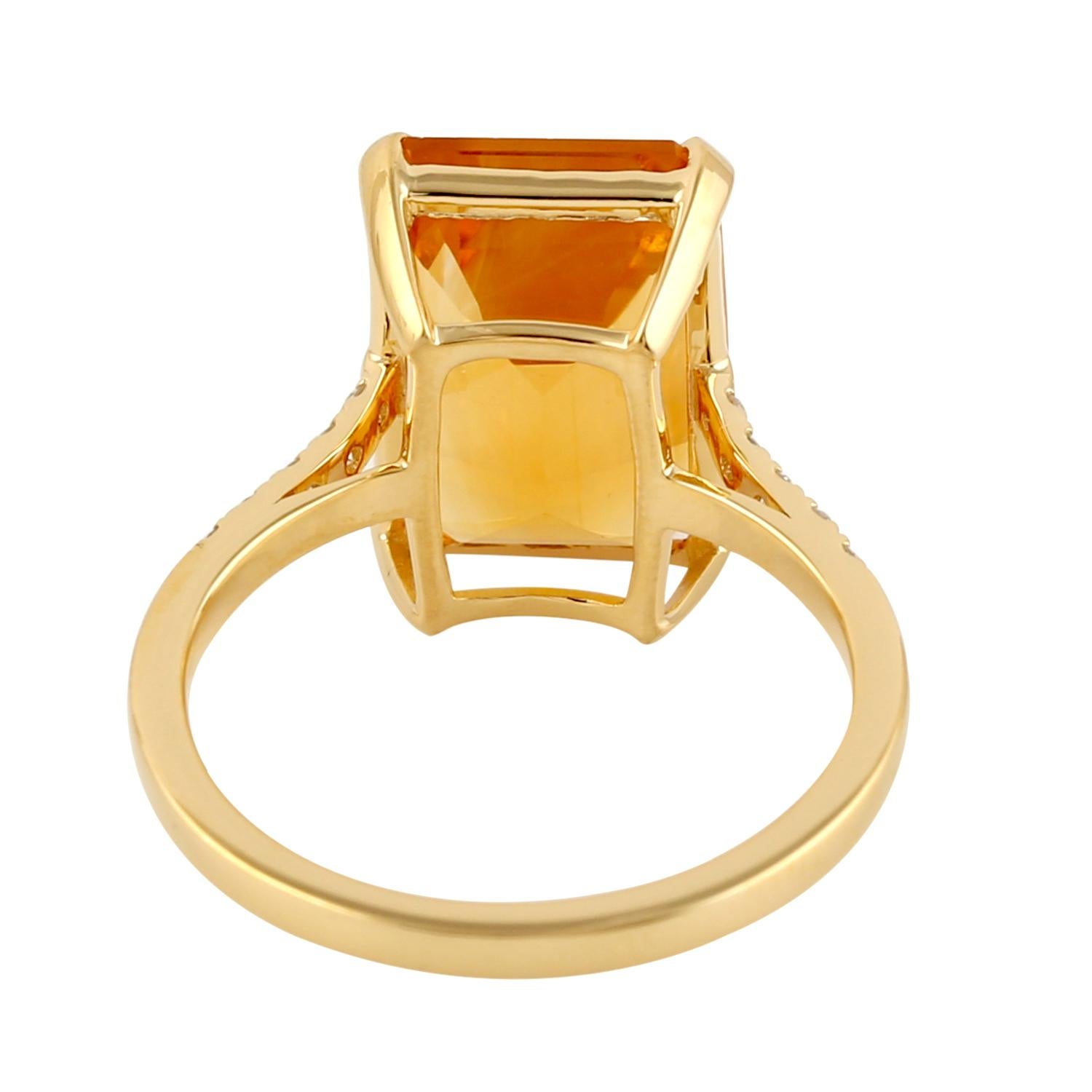 Art Deco Emerald Cut Citrine Cocktail Ring with Pave Diamond in 18k Yellow Gold For Sale