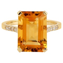 Emerald Cut Citrine Cocktail Ring with Pave Diamond in 18k Yellow Gold