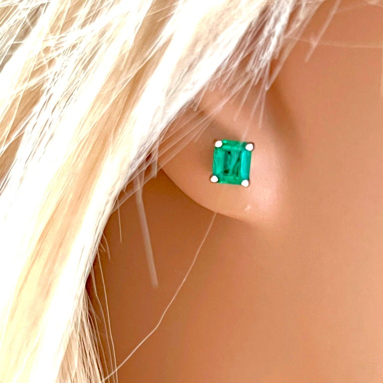 Emerald Cut Colombia Emerald White Gold Stud Earrings 1