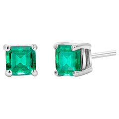 Emerald Cut Colombia Emerald White Gold Stud Earrings