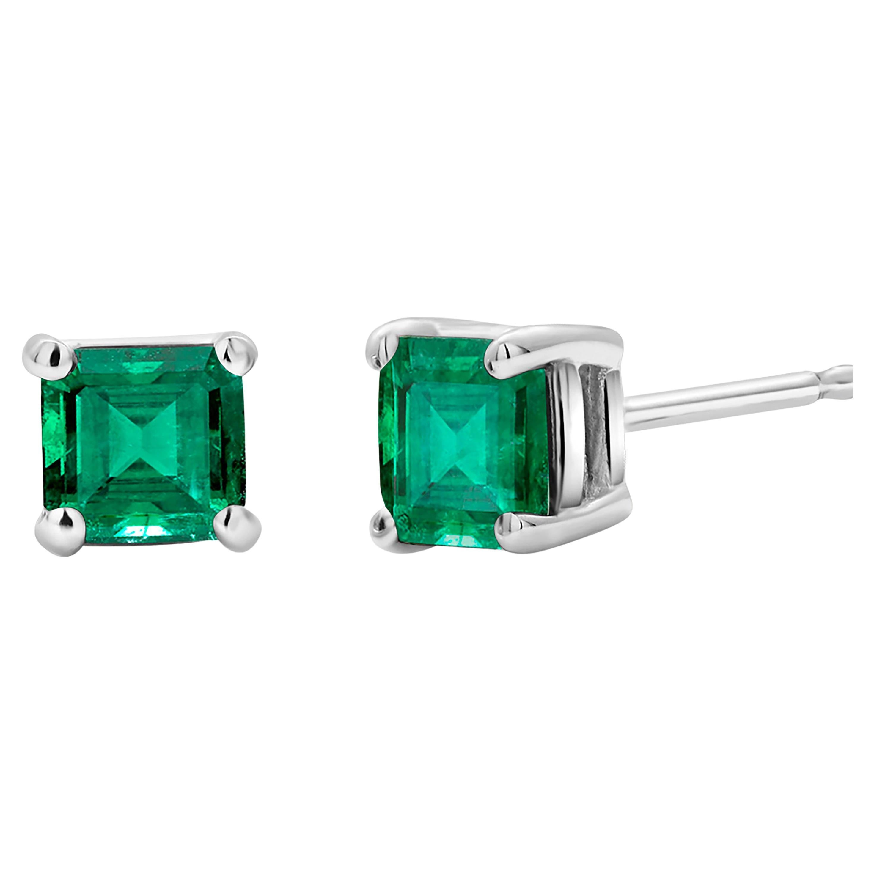 Emerald Cut Colombia Emerald White Gold Stud Earrings Weighing 0.65 Carat