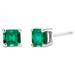 Emerald Cut Colombia Emerald White Gold Stud Earrings Weighing 0.80 Carat