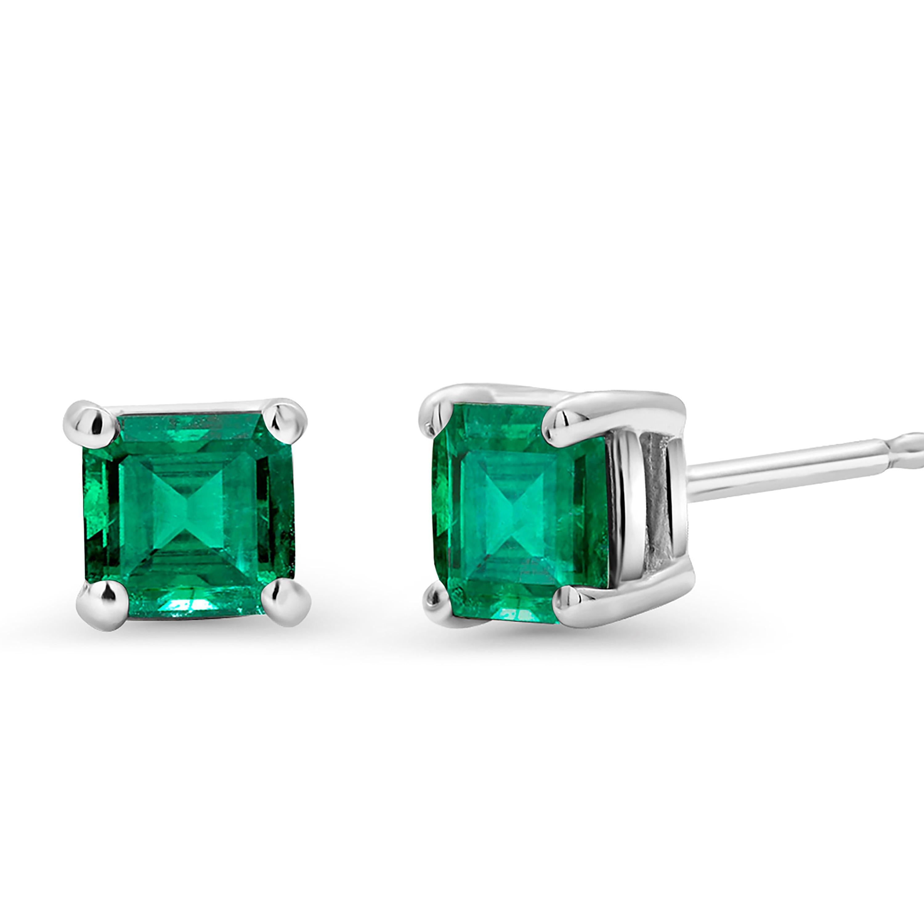 Emerald Cut Colombia Emerald White Gold Stud Earrings Weighing 1.40 Carat In New Condition In New York, NY