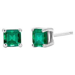Emerald Cut Colombia Emerald White Gold Stud Earrings Weighing 1.40 Carat