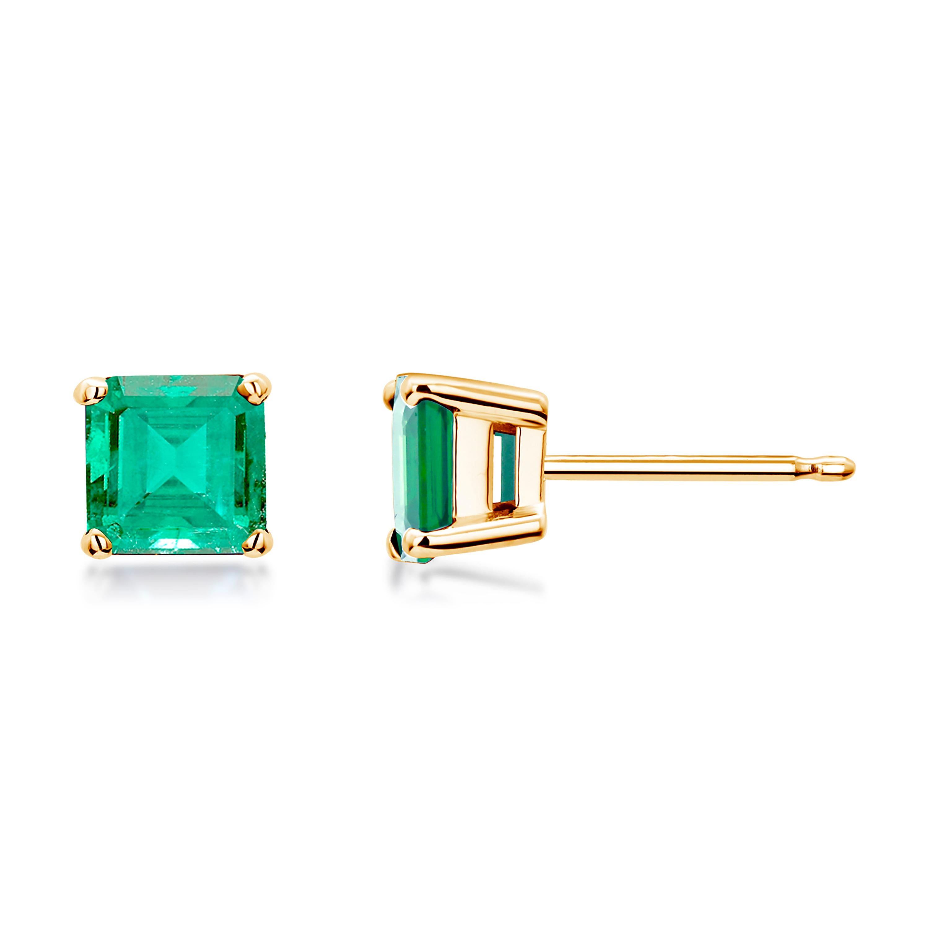 Emerald Cut Colombia Emerald Yellow Gold Stud Earrings  1
