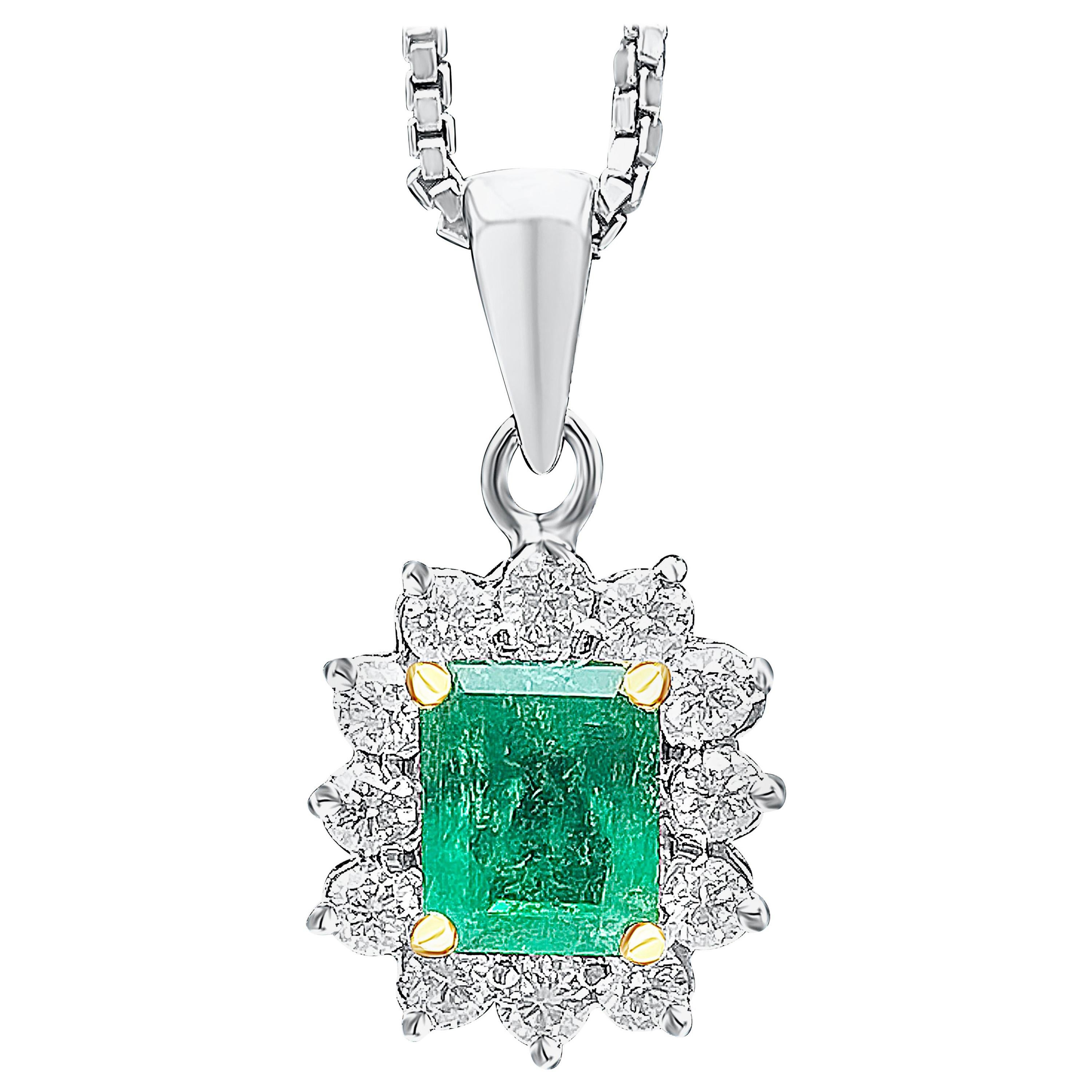 Emerald-Cut Colombian Emerald and Diamond 18 Karat White Gold Pendant