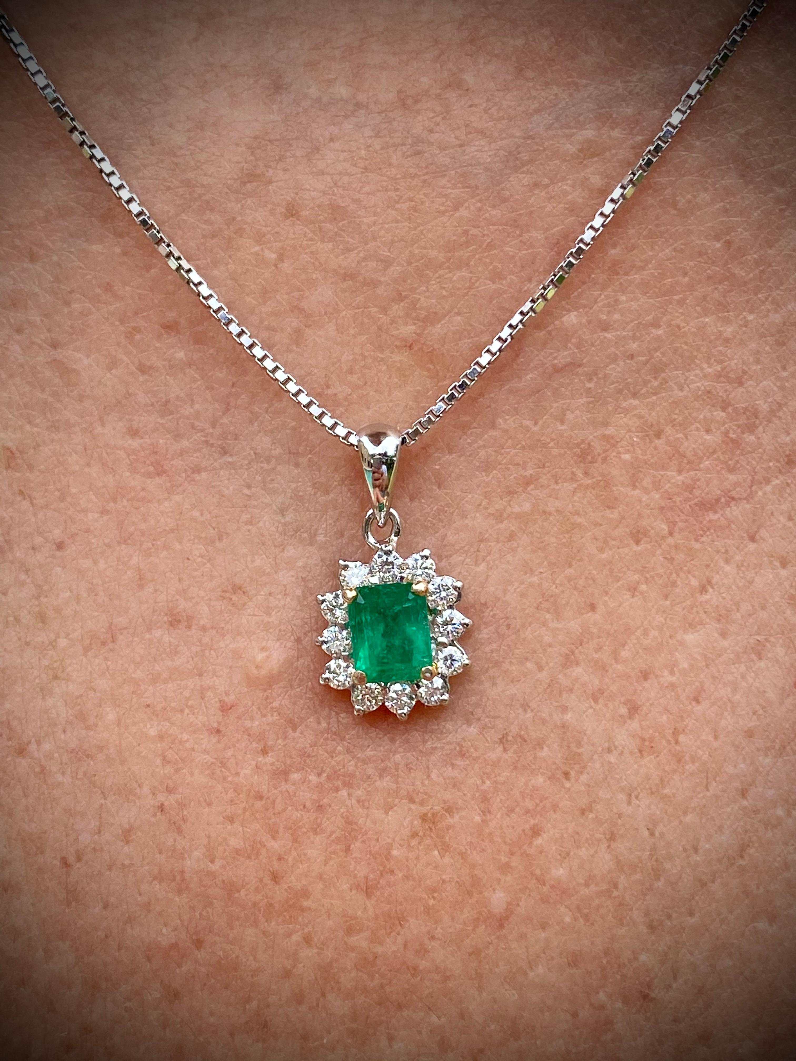 Emerald Cut Emerald-Cut Colombian Emerald and Diamond 18 Karat White Gold Pendant For Sale