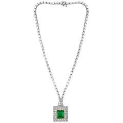Emerald Cut Colombian Emerald and Diamond Bridal Drop Necklace 18 Karat Gold