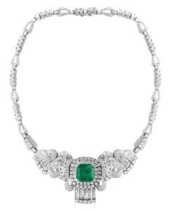 GIA  Certified 16 Ct Emerald Cut Colombian Emerald & Diamond  Necklace Platinum