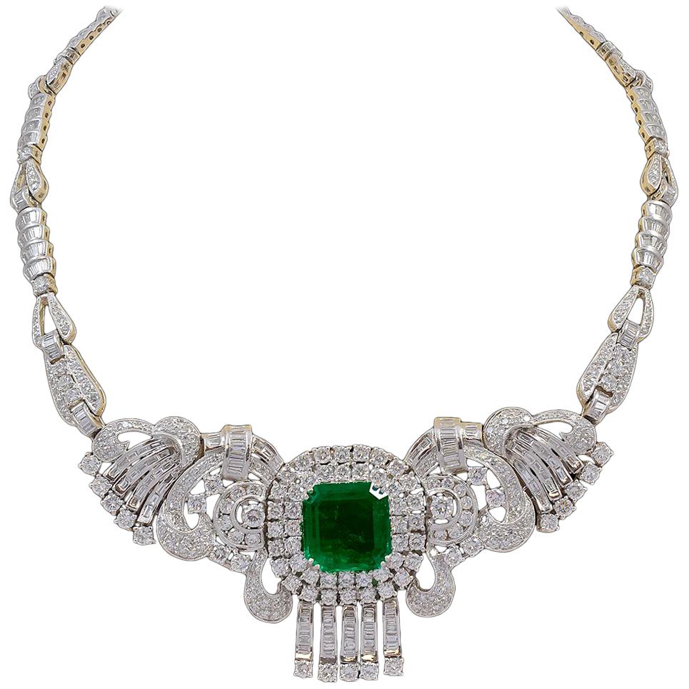 GIA  Certified 16 Ct Emerald Cut Colombian Emerald & Diamond  Necklace Platinum For Sale