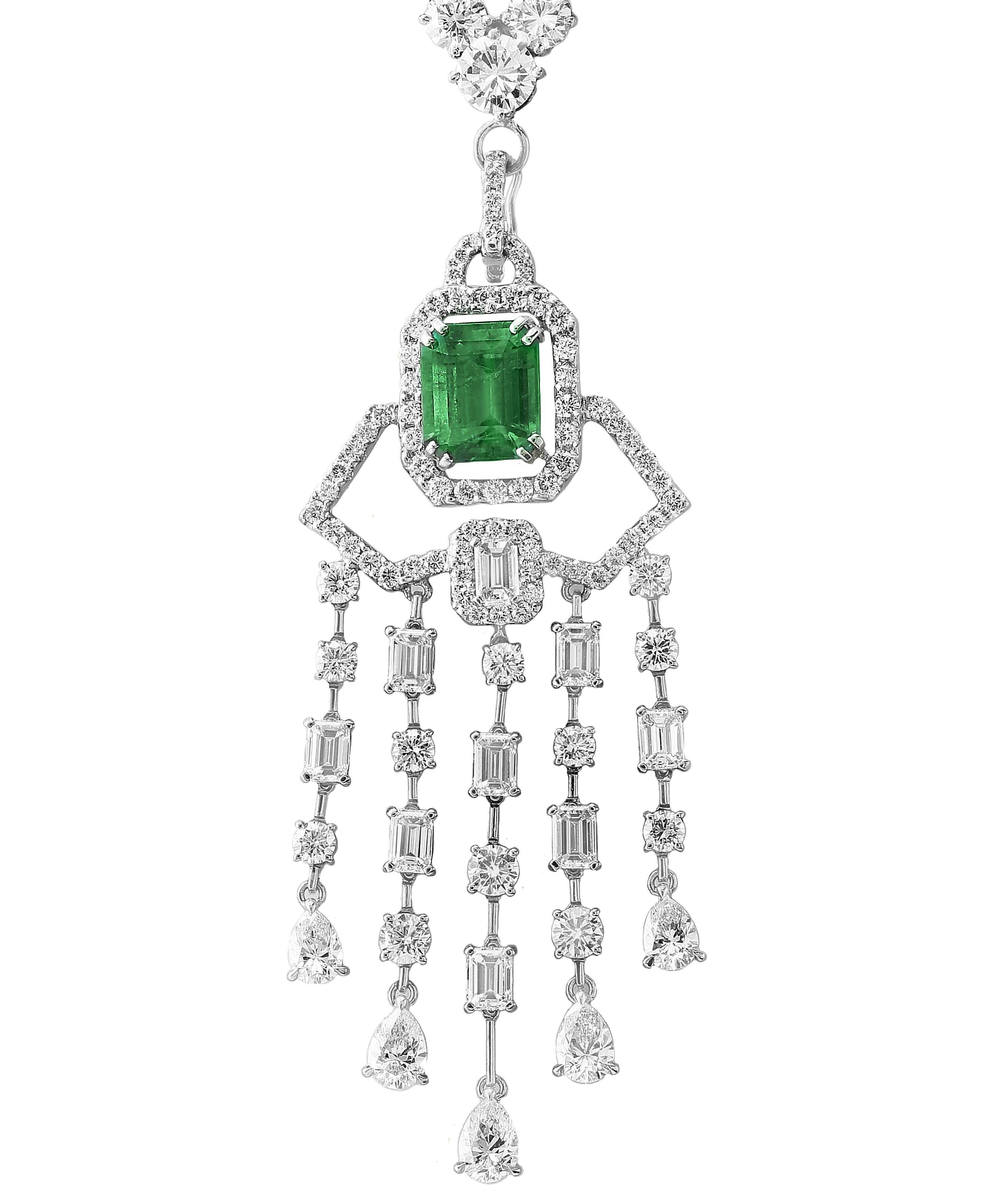 Emerald Cut Colombian Emerald & Diamond Drop & Riviera Changeable Necklace Plat  For Sale 2