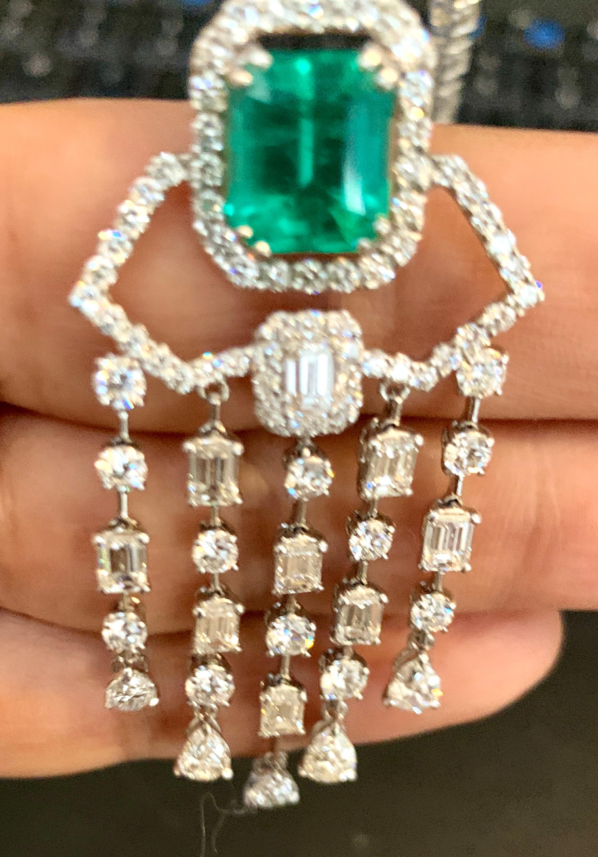 Emerald Cut Colombian Emerald & Diamond Drop & Riviera Changeable Necklace Plat  For Sale 4